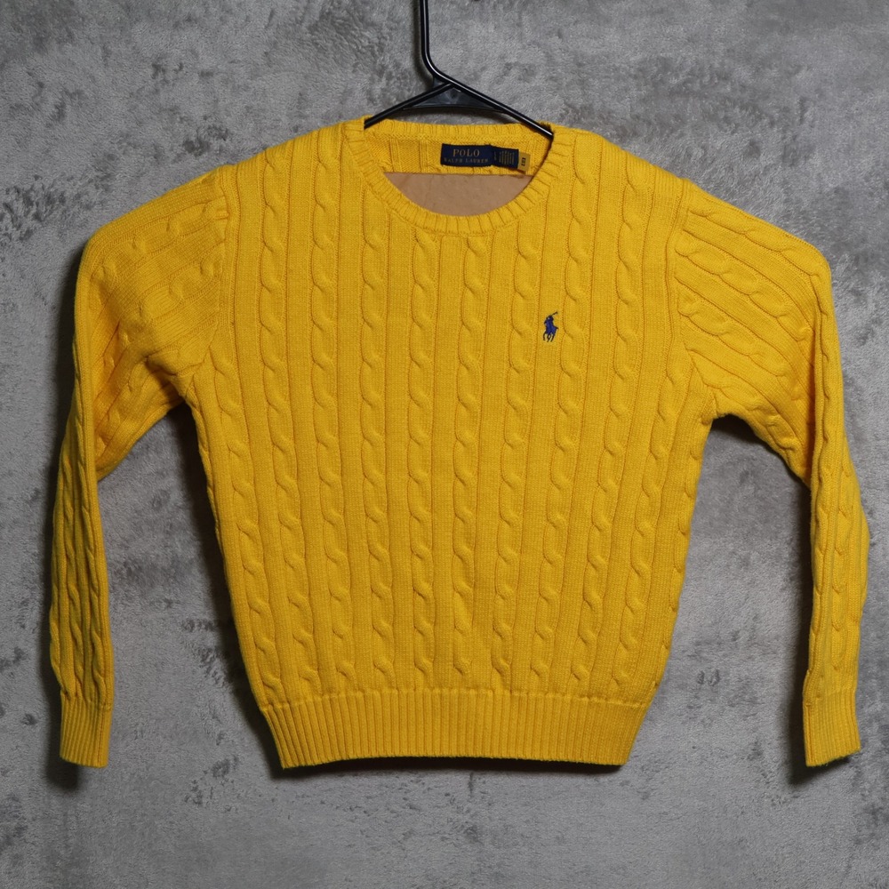 Polo Ralph Lauren Sweater Womens Large Yellow Cable Knit Cotton Preppy Casual